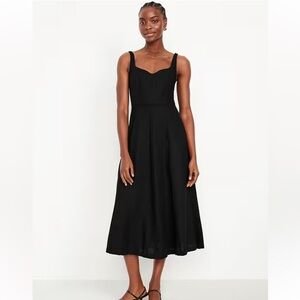 Old Navy Linen Blend Sweatheart Neckline Black Midi Dress Size Medium Tall